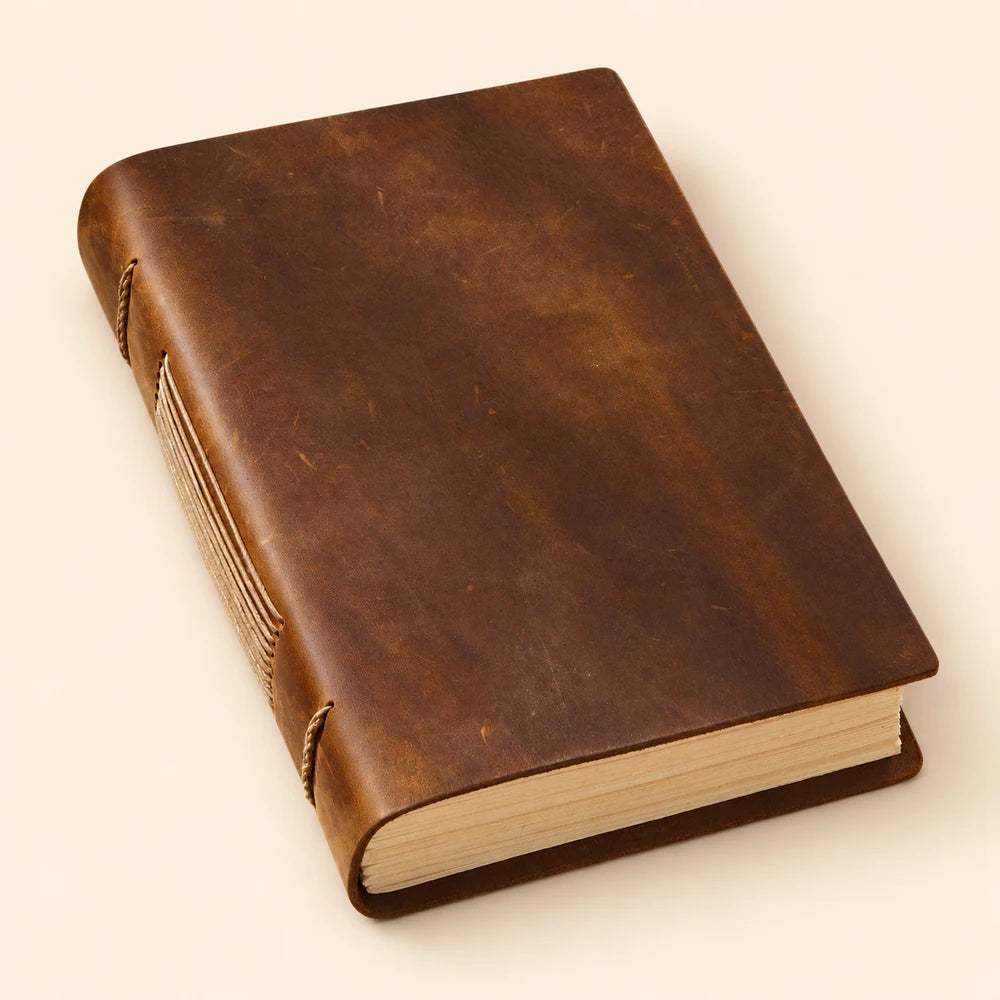 Brown Dusty Trail cowhide leather journal with exposed spine stitching on a warm ivory background.