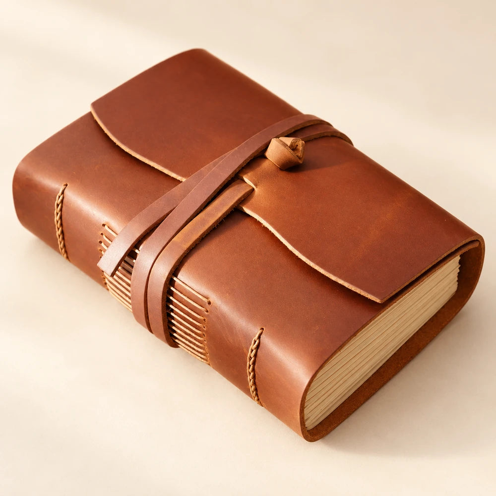 Saddle Ridge chestnut brown cowhide leather journal with a wraparound flap, leather tie and exposed spine stitching.