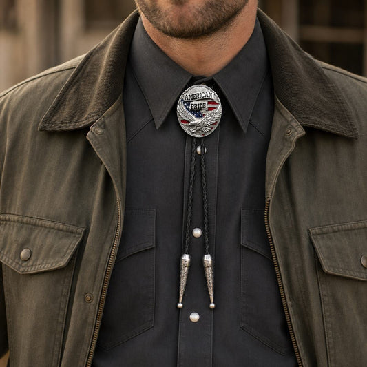 American Pride eagle flag bolo tie styled with a charcoal Western shirt and olive ranch jacket