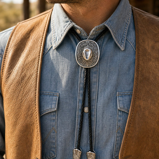 Silver Cowboy Life hat bolo tie with cowboy boot pendants worn with chambray shirt and leather vest