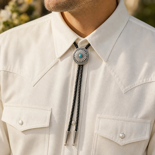 Daisy turquoise S925 silver bolo tie worn with an ivory western shirt