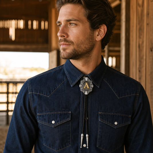 Adult model wearing gold letter A Western bolo tie with antique silver medallion and black braided leather cord