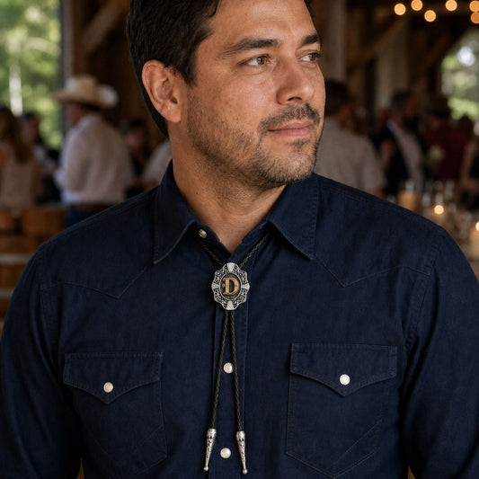 Man wearing a gold letter D Western bolo tie with a navy Western shirt