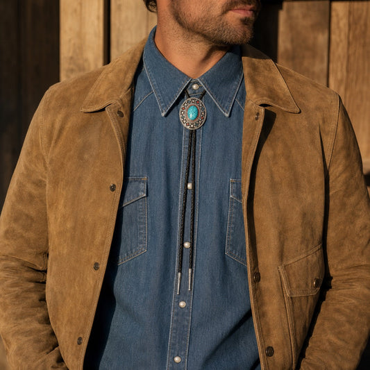 Southwestern enamel concho bolo tie worn with a suede jacket and Western shirt