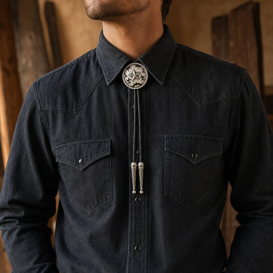 Western Star Antique Silver Bolo Tie worn with charcoal western shirt
