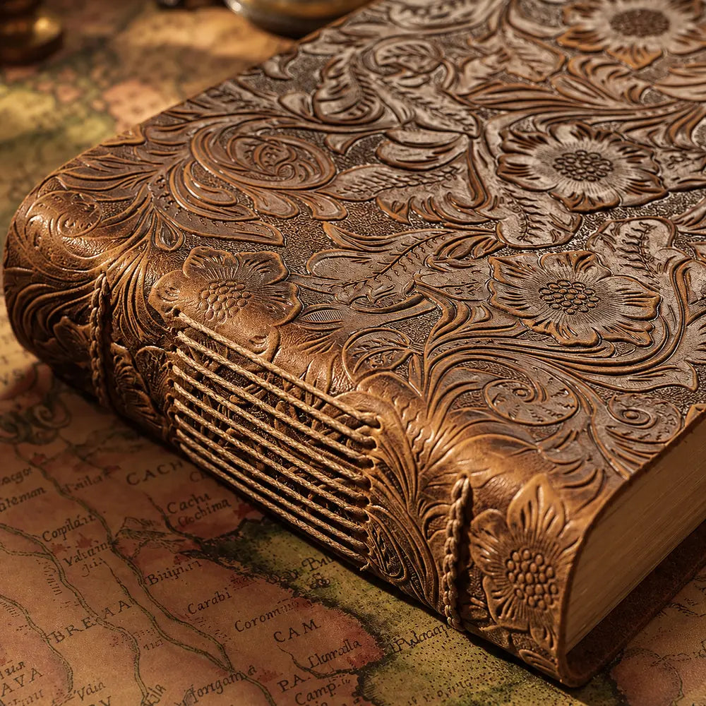 Close-up of the brown floral cowhide cover and exposed cord stitching on the short spine of a landscape journal.