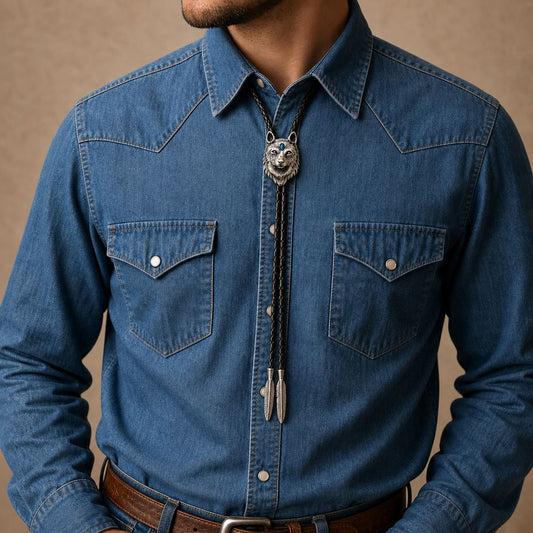Blue Inlay Wolf Head Bolo Tie worn at realistic 29 by 44 millimeter scale