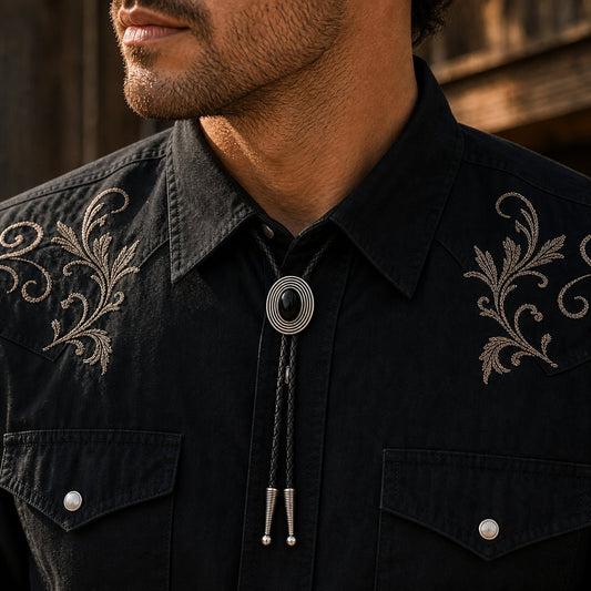 Orbit Black Obsidian Bolo Tie worn at realistic 38 by 45 millimeter scale