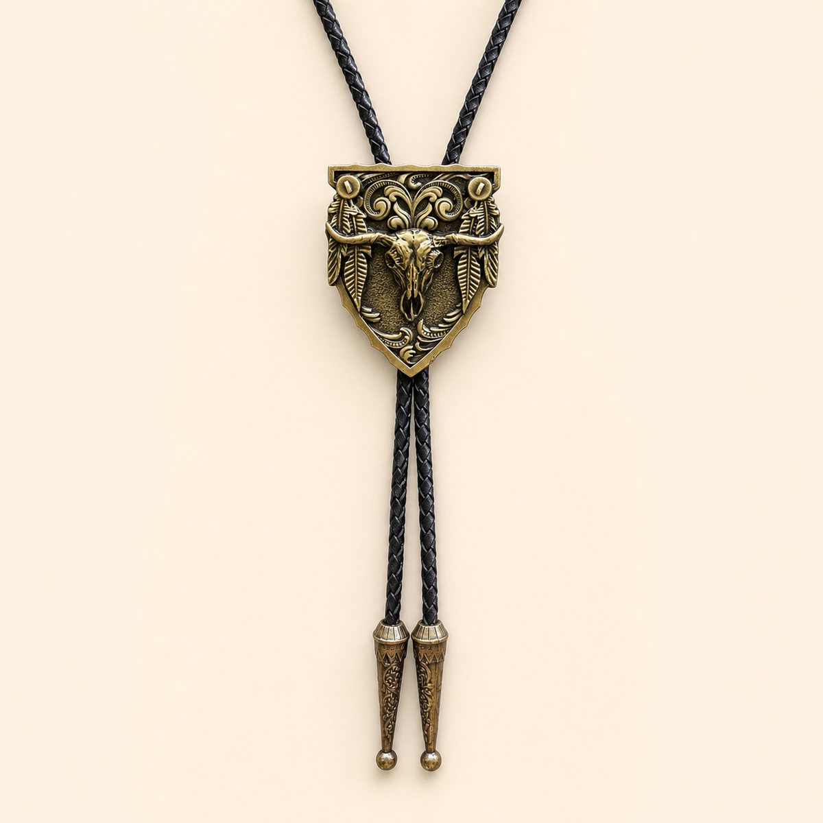 Antique copper longhorn arrowhead bolo tie on a warm ivory background