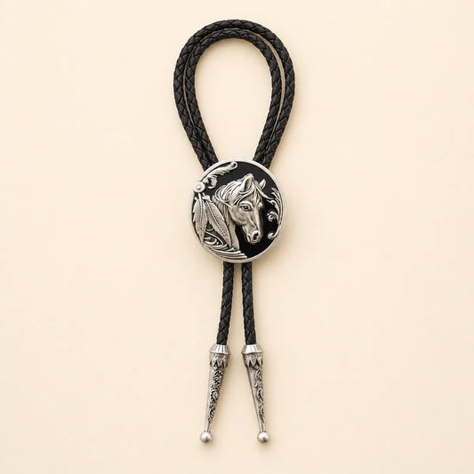 Black horse head bolo tie with antique silver medallion and braided leather cord on warm ivory background
