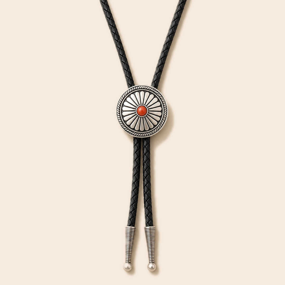 Daisy red agate sterling silver bolo tie on a warm ivory background