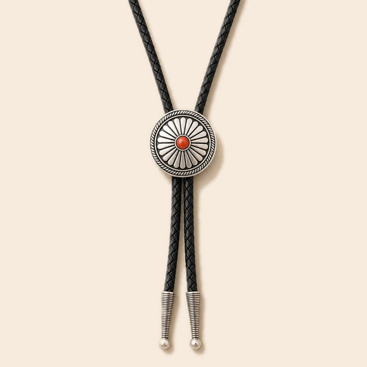 Daisy red agate sterling silver bolo tie on a warm ivory background