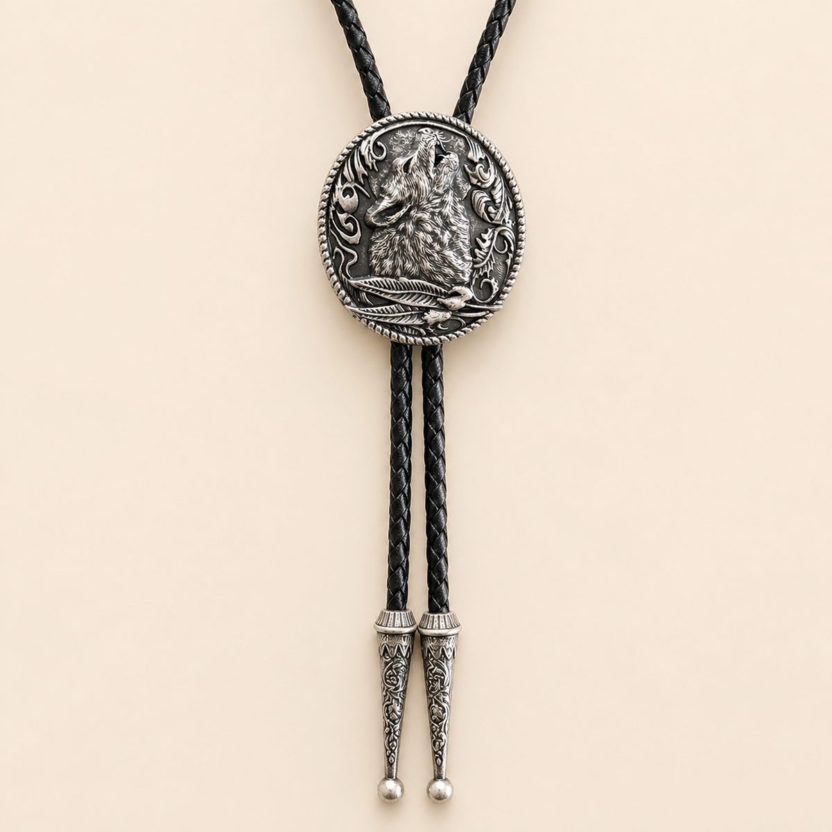 Moonlit Howling Wolf Silver Bolo Tie on warm ivory background