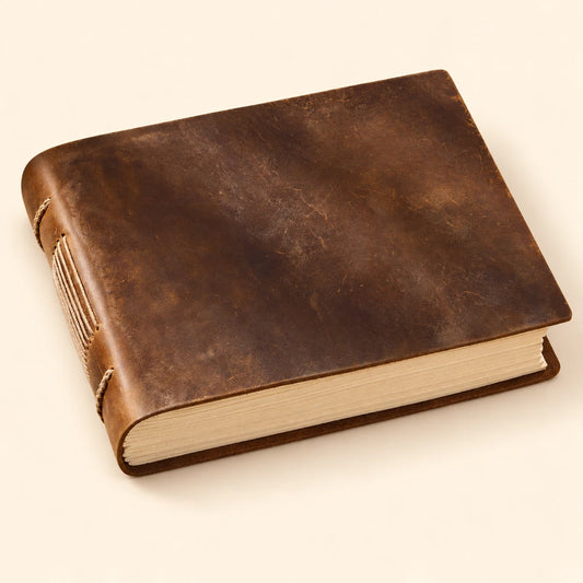 Open Range landscape brown cowhide leather journal with a plain cover and exposed stitching on the short spine.