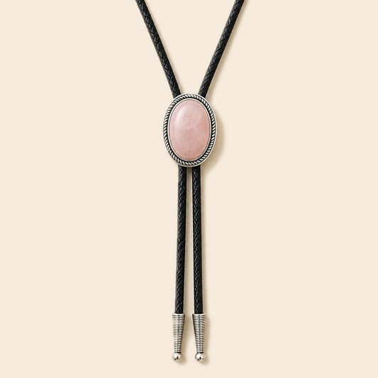 Rose quartz silver-plated bolo tie on a warm ivory background