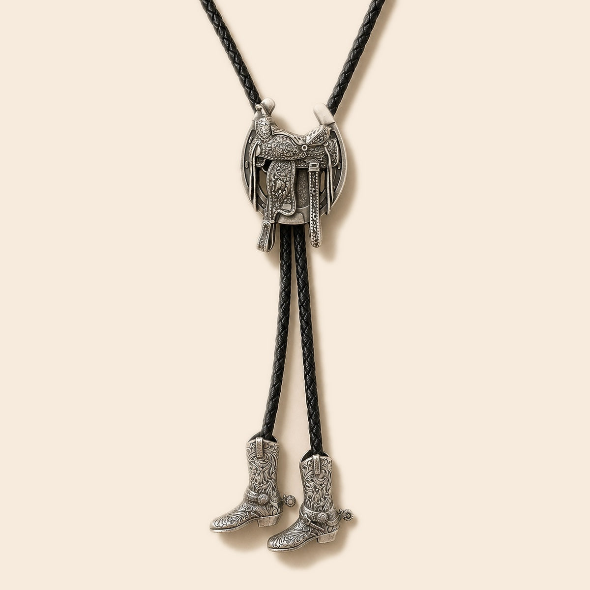 Silver Western saddle bolo tie with engraved tooling and two cowboy boot pendants on a warm ivory background