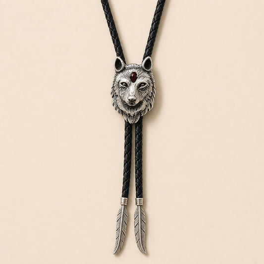 Stainless steel red inlay wolf head bolo tie with black braided leather cord and feather-shaped tips