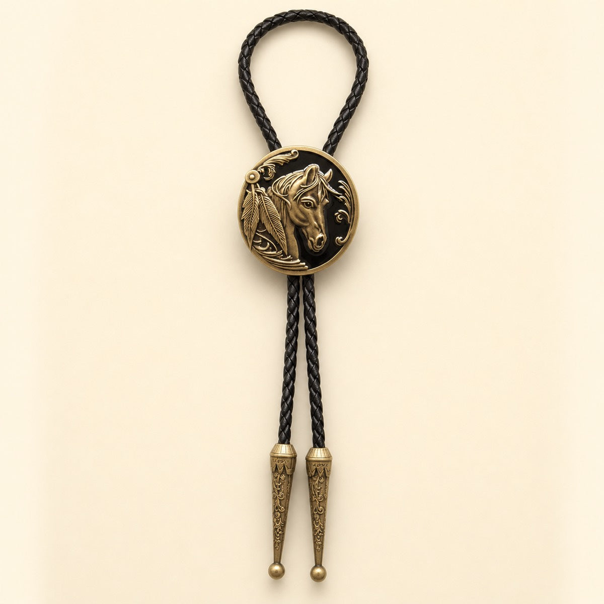 Western horse head copper bolo tie with braided leather cord on warm ivory background
