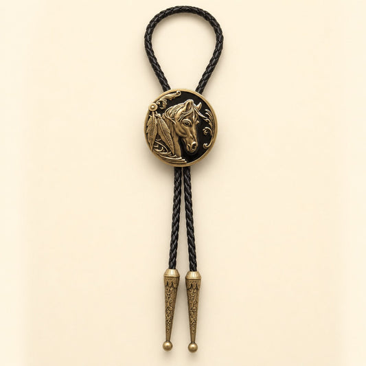 Western horse head copper bolo tie with braided leather cord on warm ivory background