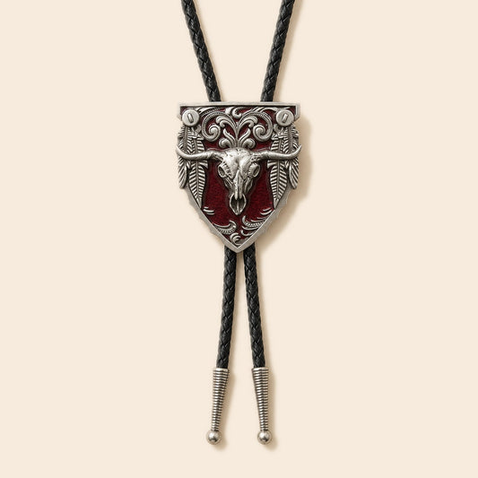 Western red longhorn skull cold enamel bolo tie with silver-tone shield medallion and braided leather cord on a warm ivory background