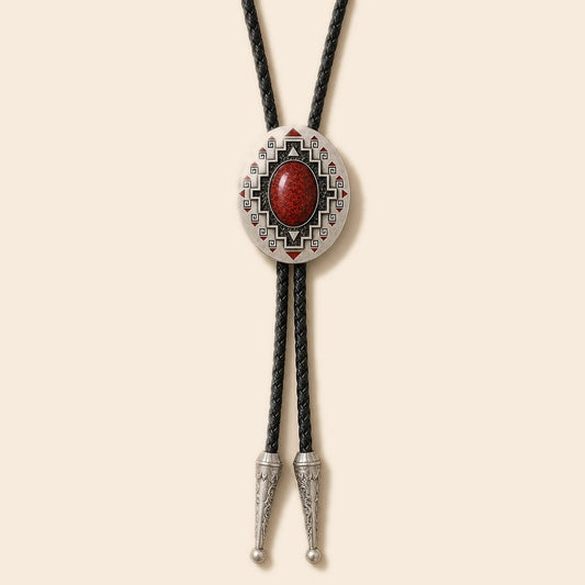 Western ruby-red cold enamel bolo tie with oval silver-tone geometric medallion and black braided leather cord on a warm ivory background