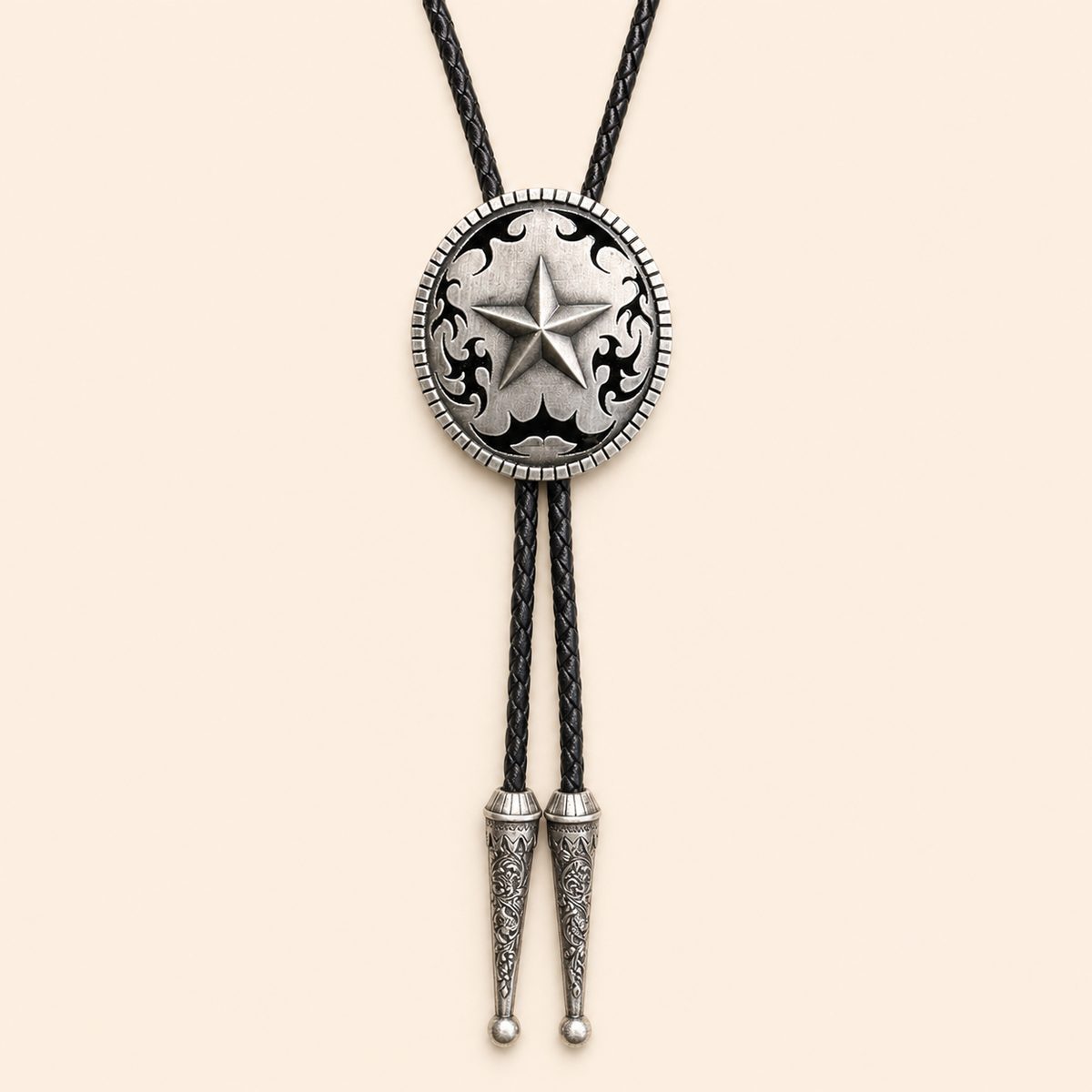 Western Star Antique Silver Bolo Tie on warm ivory background