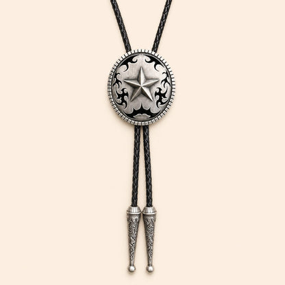 Western Star Antique Silver Bolo Tie on warm ivory background