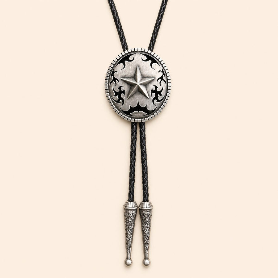 Western Star Antique Silver Bolo Tie on warm ivory background