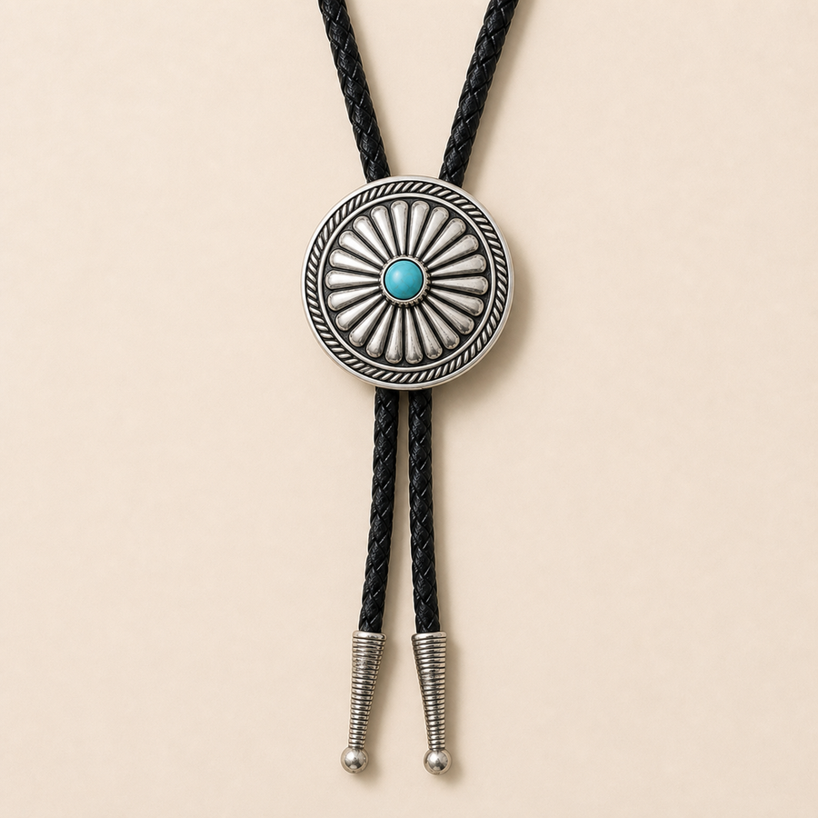 Round turquoise concho bolo tie with silver sunburst frame and braided leather cord on a warm ivory background