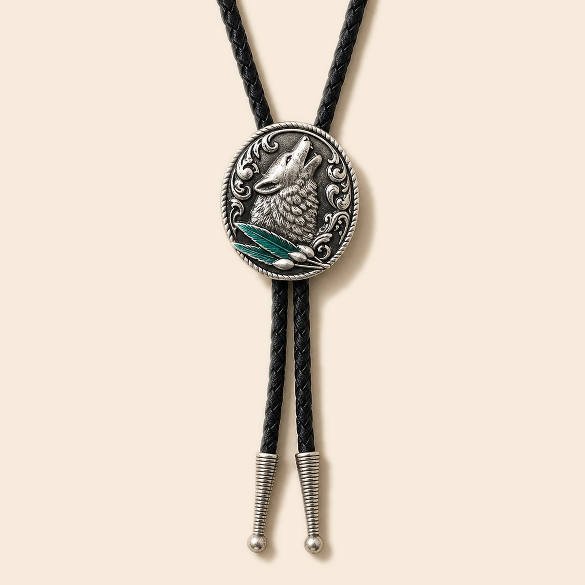 Western silver enamel wolf bolo tie on a warm ivory background