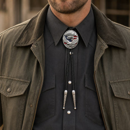American Pride eagle flag bolo tie styled with a charcoal Western shirt and olive ranch jacket