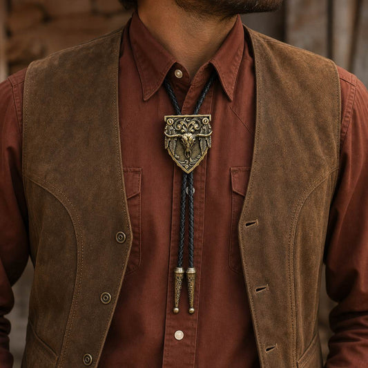 Antique copper longhorn arrowhead bolo tie worn with a rust Western shirt and suede vest