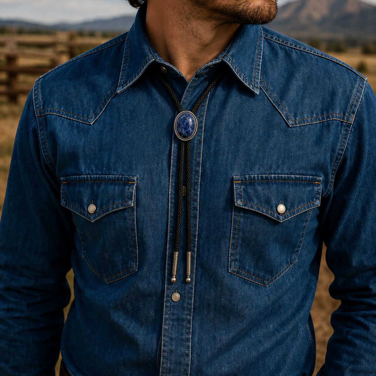 Blue Ridge blue stone bolo tie worn at realistic 30 x 37 mm scale with a denim Western shirt