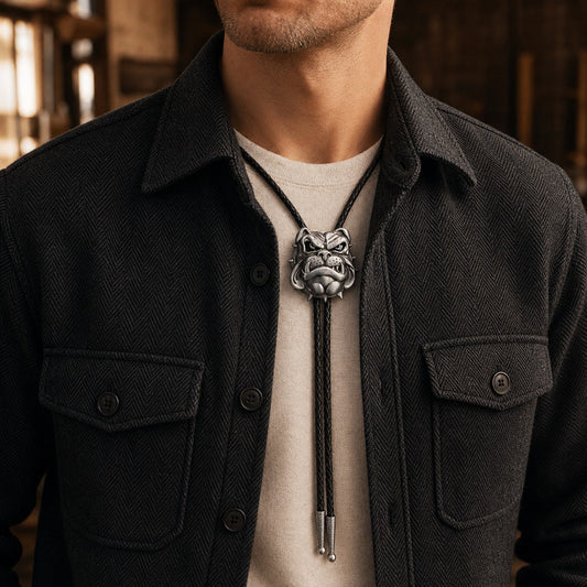 Antique silver English bulldog bolo tie worn with a charcoal herringbone shirt and brown jacket