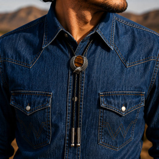 Eagle Eye red tiger eye bolo tie worn at realistic 38 x 35 mm scale with a denim Western shirt