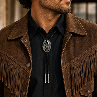 Eagle Wing golden obsidian bolo tie worn at realistic 29 x 44 mm scale with a black Western shirt and suede jacket