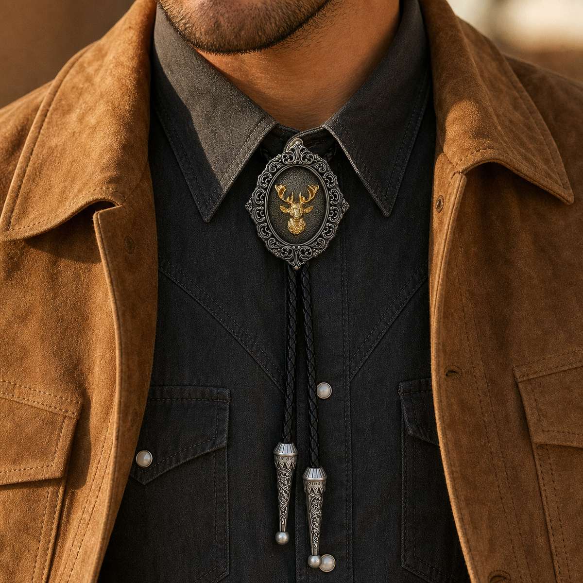 Man wearing a gilded stag antique silver bolo tie with black braided leather cord
