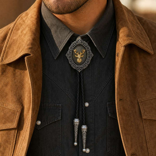 Man wearing a gilded stag antique silver bolo tie with black braided leather cord