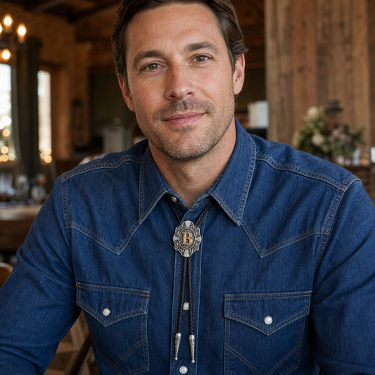 Man wearing a gold letter B Western bolo tie with an indigo denim shirt