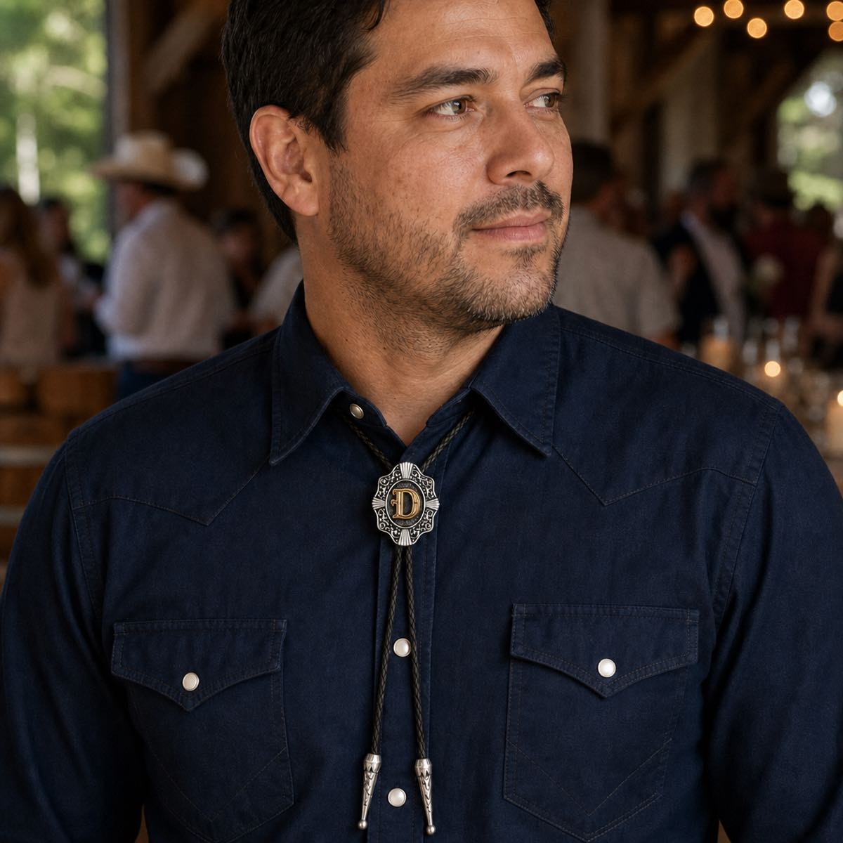 Man wearing a gold letter D Western bolo tie with a navy Western shirt