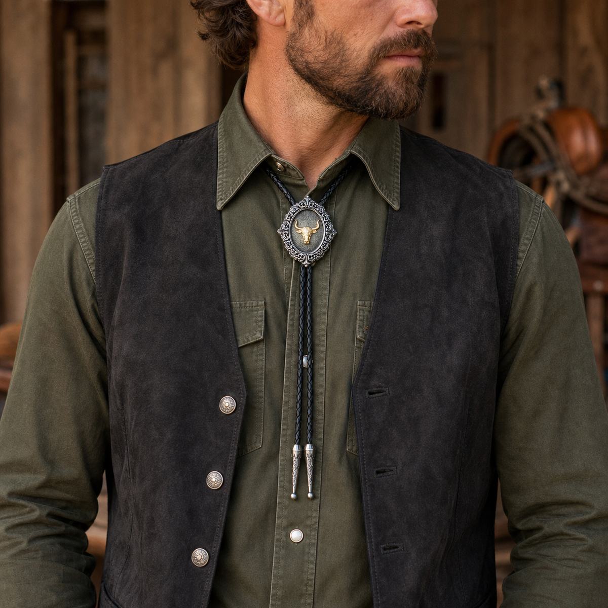 Gold longhorn antique silver bolo tie worn with an olive Western shirt and charcoal suede vest