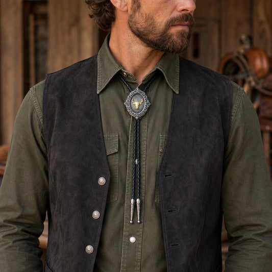 Gold longhorn antique silver bolo tie worn with an olive Western shirt and charcoal suede vest
