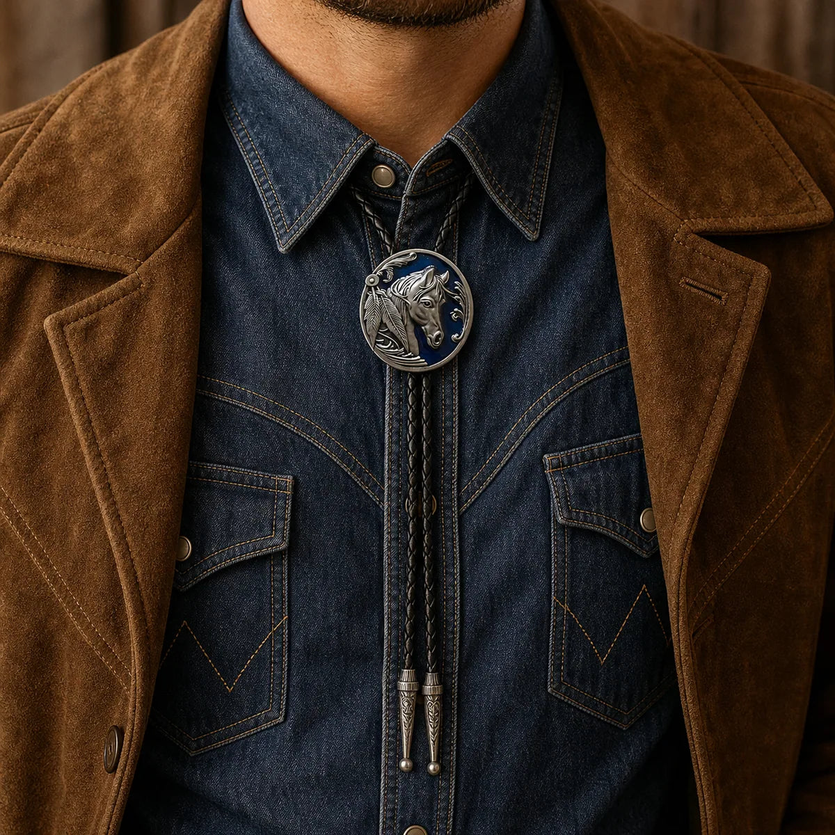 Midnight blue horse head bolo tie styled with denim shirt and suede jacket