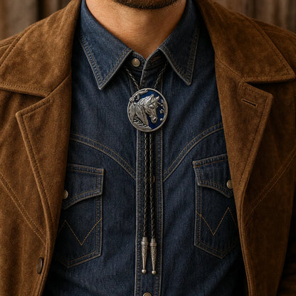 Midnight blue horse head bolo tie styled with denim shirt and suede jacket