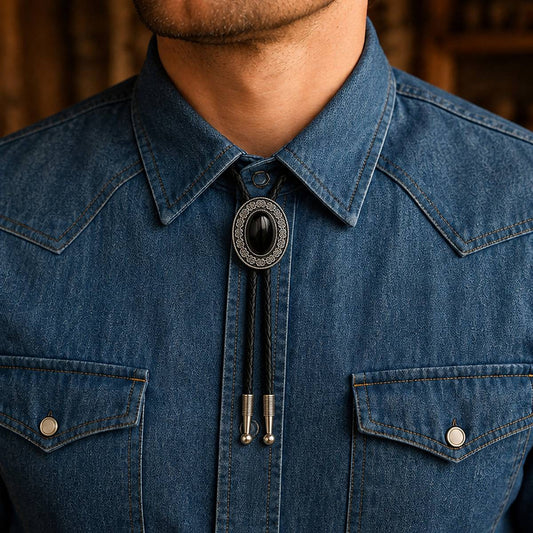 Midnight Mesa black obsidian bolo tie worn at realistic 32 x 40 mm scale with a denim Western shirt