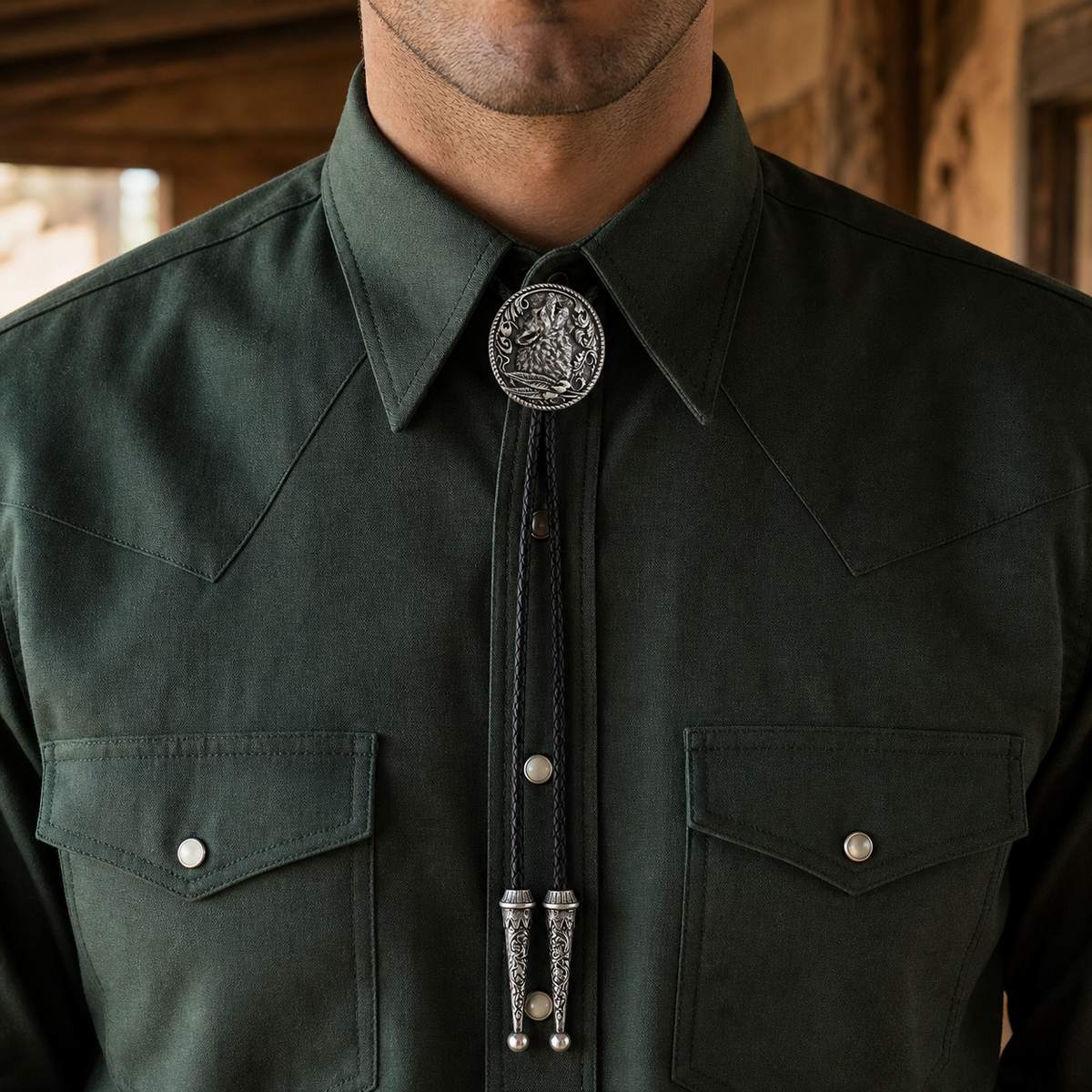 Moonlit Howling Wolf Silver Bolo Tie worn with a dark green western shirt