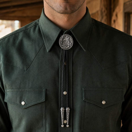 Moonlit Howling Wolf Silver Bolo Tie worn with a dark green western shirt