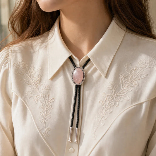 Rose quartz bolo tie worn by a woman with an ivory western blouse