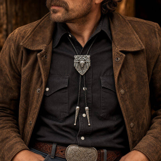 Silver longhorn arrowhead bolo tie worn with a charcoal Western shirt and brown suede jacket