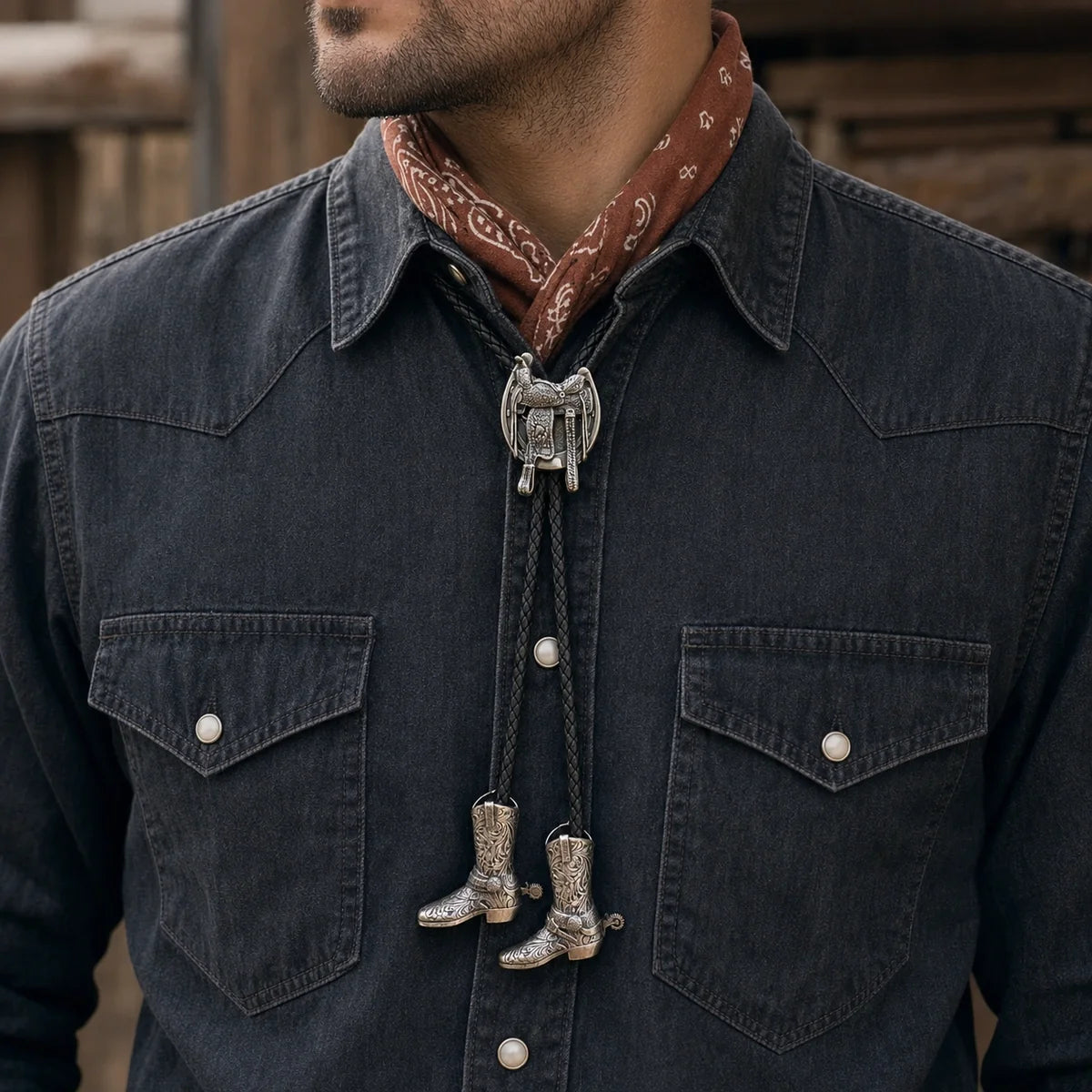 Silver saddle bolo tie with engraved cowboy boot pendants worn with a charcoal Western shirt